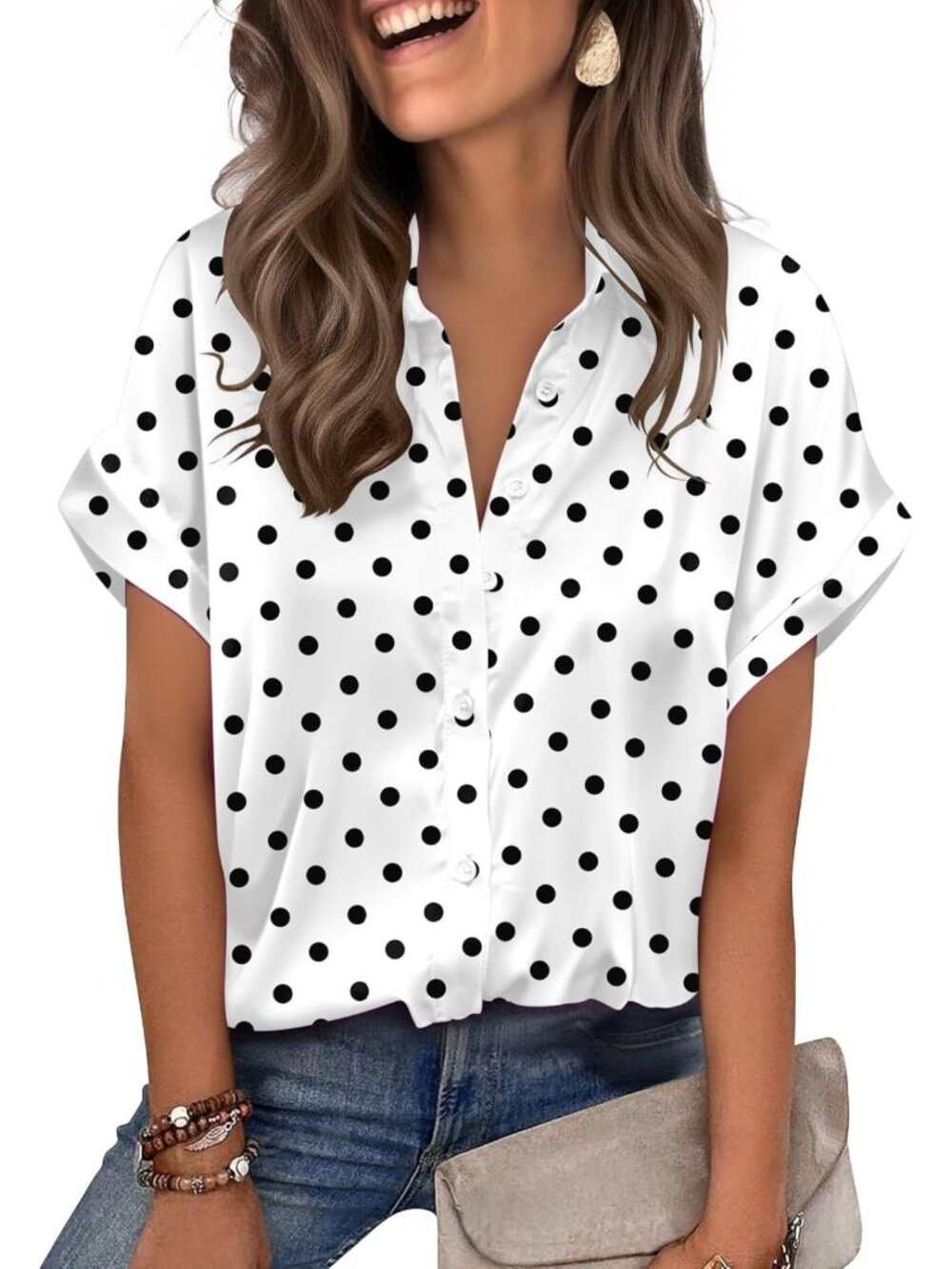 Chic Women's Satin Blouse - Short Sleeve Silk Button Down Top for Stylish